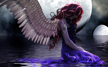 Картинка 3д+графика angel+ ангел крылья девушка отражение вода платье кудри красные волосы профиль лицо ночь