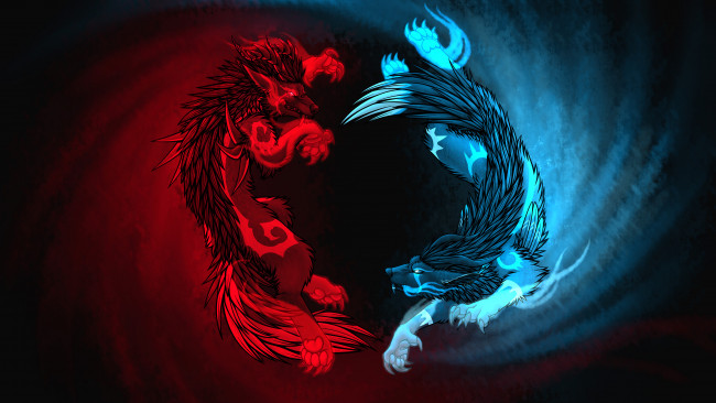 Обои картинки фото волки, рисованные, животные,  сказочные,  мифические, синий, красный