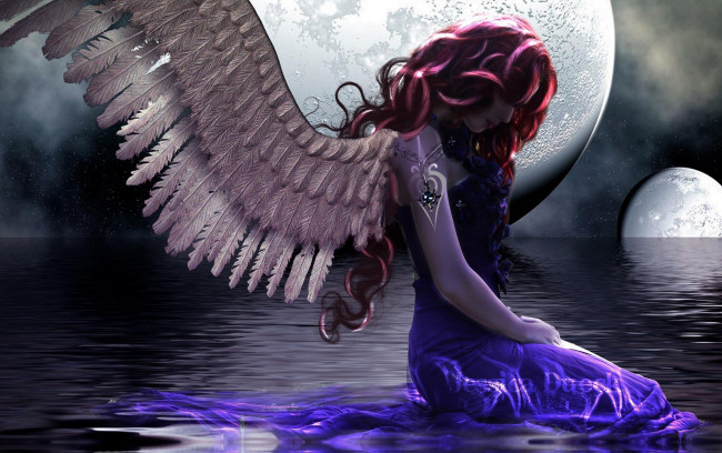 Обои картинки фото 3д графика, angel , ангел, крылья, девушка, отражение, вода, платье, кудри, красные, волосы, профиль, лицо, ночь
