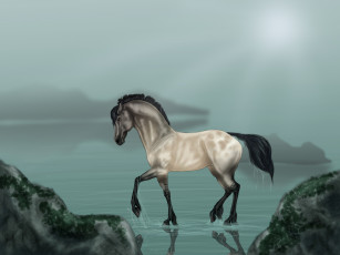 Картинка рисованное животные +лошади взгляд вода фон лошадь