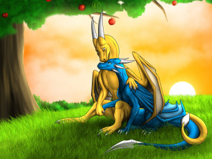 Картинка рисованное животные +сказочные +мифические солнце яблоня трава лето драконы