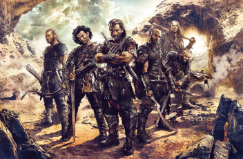 Картинка фэнтези люди воины мечи арт мужчины отряд лук стрелы