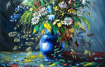 Картинка рисованное цветы осыпаются лепестки картина живопись ваза