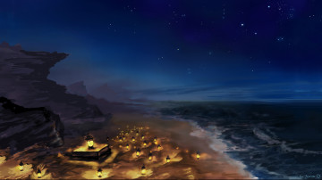 Картинка рисованное природа звезды небо ночь море свет фонари берег арт живопись