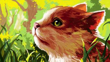 Картинка рисованное животные +коты трава профиль кошка