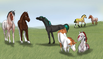 Картинка рисованное животные +лошади лошади трава
