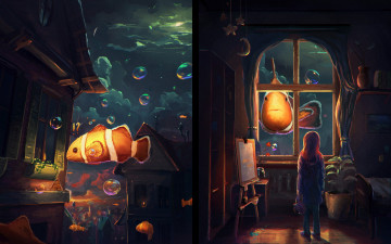 Картинка фэнтези иные+миры +иные+времена арт рыбки вода живопись окна девочка комната