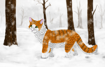 Картинка рисованное животные +коты кот лес снег