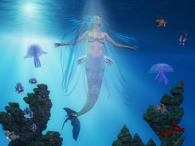 Обои картинки фото 3д графика, аниме , anime, рыбки, кораллы, русалка