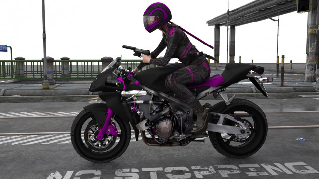 Обои картинки фото 3д графика, фантазия , fantasy, взгляд, мотоцикл, оружие, фон, девушка