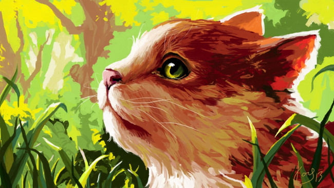 Обои картинки фото рисованное, животные,  коты, трава, профиль, кошка