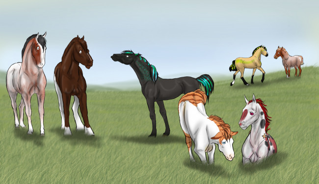 Обои картинки фото рисованное, животные,  лошади, лошади, трава