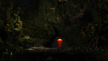 Картинка 3д+графика природа+ nature солнце закат лес скала джунгли арка море ночь
