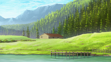 Картинка аниме sword+art+online дом лес горы луг