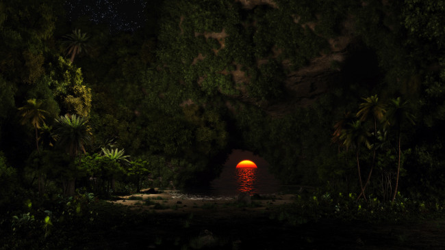 Обои картинки фото 3д графика, природа , nature, солнце, закат, лес, скала, джунгли, арка, море, ночь