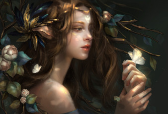 Картинка фэнтези эльфы девушка ушки волосы природа взгляд цветы фэнтази бабочка