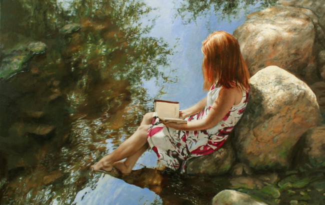 Обои картинки фото рисованное, живопись, девушка, камни, вода, книга, рыжая