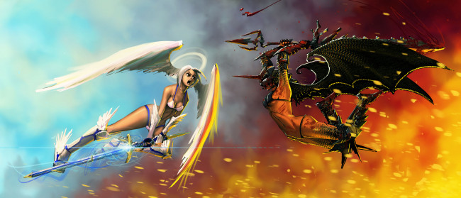 Обои картинки фото аниме, ангелы,  демоны, девушки, бой, фон, крылья, оружие