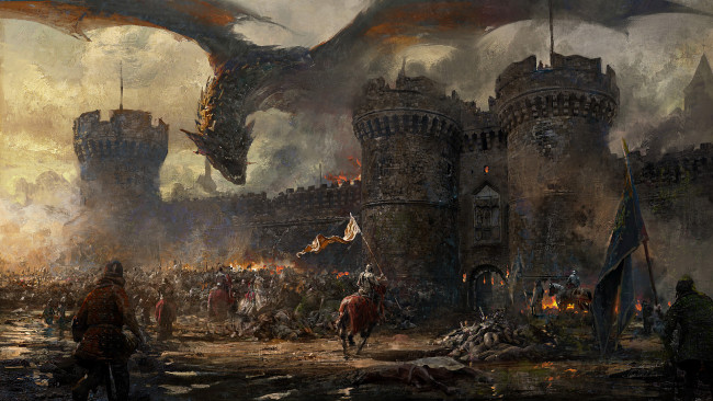 Обои картинки фото фэнтези, драконы, замок, люди, фон, дракон
