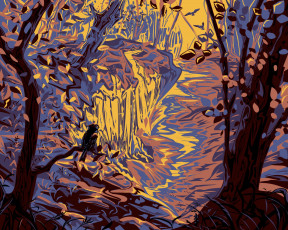 Картинка рисованное природа птица лес обрыв ручей