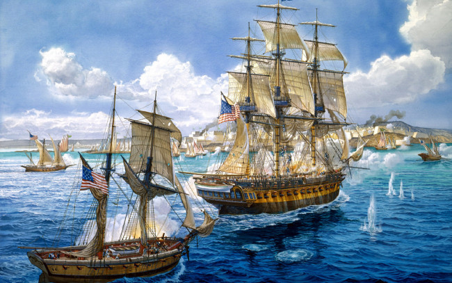 Обои картинки фото корабли, рисованные, парусники, море, берег