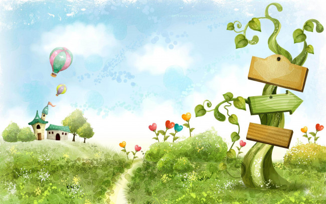 Обои картинки фото рисованное, - другое, растения, сердечки, дома, воздушные, шары