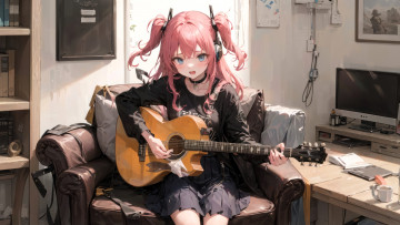 обоя аниме, музыка, девушка, гитара, кресло, компьютер