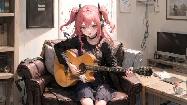 Обои картинки фото аниме, музыка, девушка, гитара, кресло, компьютер