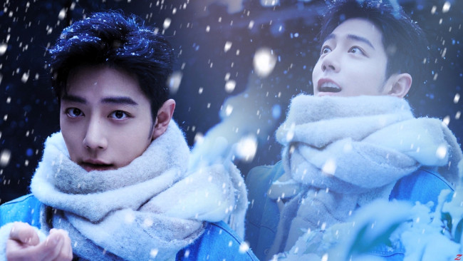 Обои картинки фото мужчины, xiao zhan, актер, шарф, куртка, снег, лицо