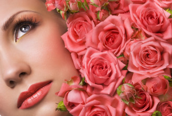 Картинка цветы розы девушка бутоны лицо макияж