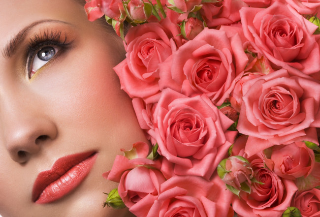 Обои картинки фото цветы, розы, девушка, бутоны, лицо, макияж