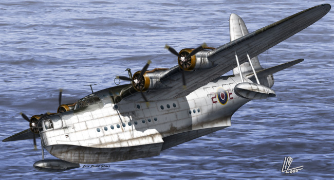 Обои картинки фото sunderland, mark, iii, авиация, 3д, рисованые, graphic, летающая, лодка, полет, океан