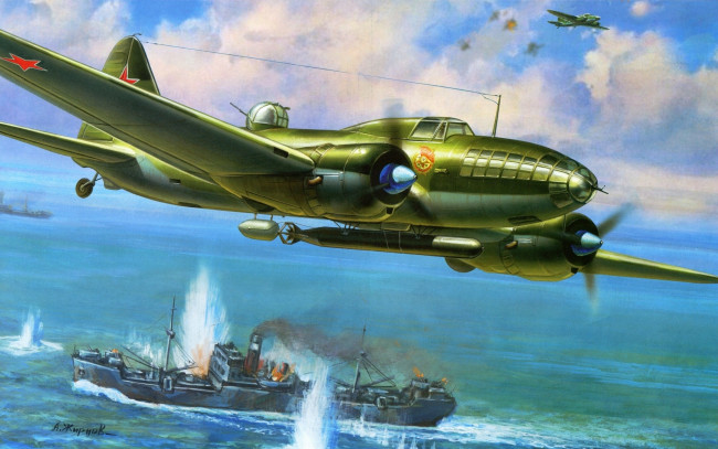 Обои картинки фото авиация, 3д, рисованые, graphic, бомбардировщик, торпедоносец, корабль, сражение, море