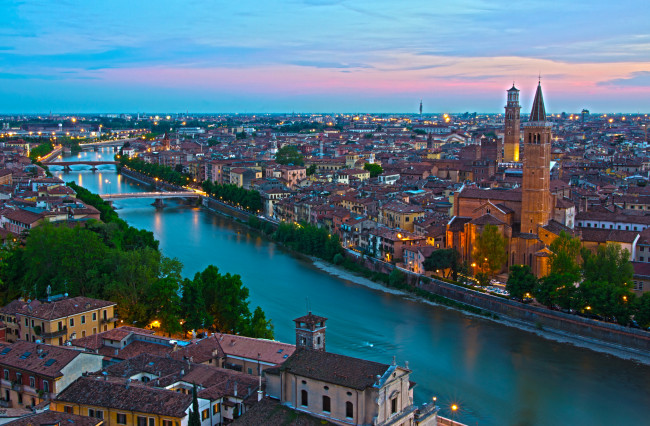 Обои картинки фото borgo, trento, verona, италия, города, панорамы, дома, мост, река