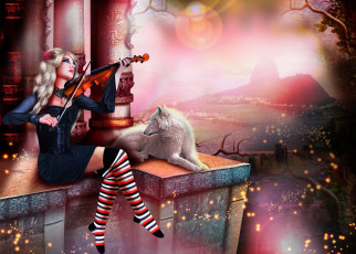Картинка фэнтези девушки скрипка волк карниз