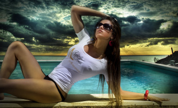 Картинка marta+fierro девушки закат облака бассейн ноги майка marta fierro волосы очки море