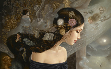 Картинка рисованные живопись корабль девушка ангелы свечи окно лица цветы