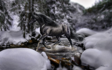 Картинка 3д+графика animals+ животные лошадь река лес снег