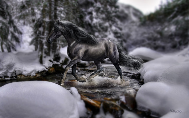 Обои картинки фото 3д графика, animals , животные, лошадь, река, лес, снег