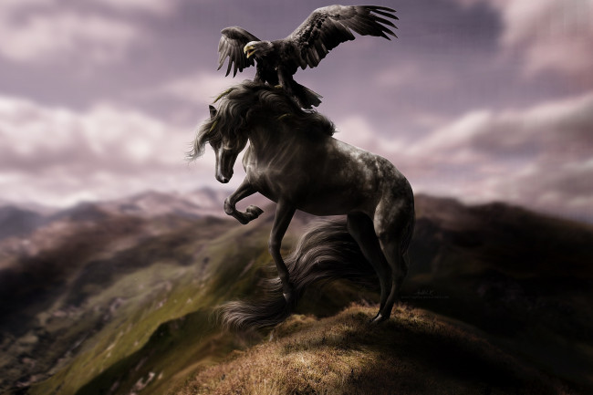 Обои картинки фото 3д графика, animals , животные, орел, горы, лошадь