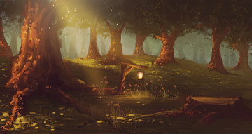 Картинка рисованное природа деревья лес фонарь пейзаж ночь