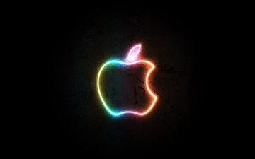 обоя компьютеры, apple, логотип, яблоко, стена, свет, неон, черный, фон