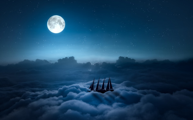 Обои картинки фото разное, компьютерный дизайн, парусник, звезды, луна, облака, ночь, небо