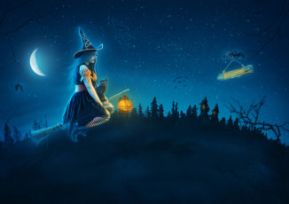 Картинка праздничные хэллоуин шляпа полет метла кот фон девушка