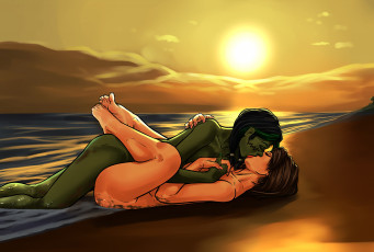 Картинка рисованное комиксы поцелуй море фон девушки