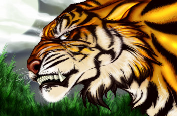 Картинка рисованное животные фон тигр оскал взгляд