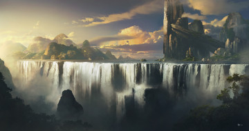 Картинка рисованное природа горы водопад