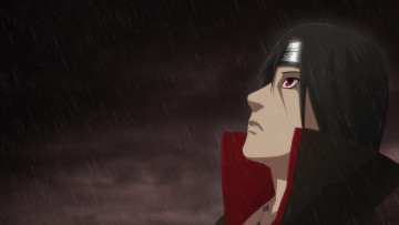 Картинка аниме naruto плащ дождь лицо учиха итачи
