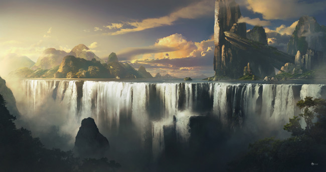 Обои картинки фото рисованное, природа, горы, водопад