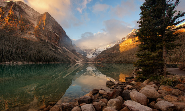 Обои картинки фото природа, реки, озера, национальный, парк, банф, рассвет, в, горах, канада